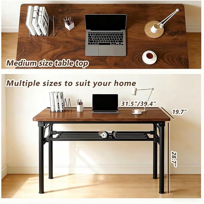 Folding Desk for Small Spaces, 39.4 Inch Foldable Computer Desk, No Assembly Required, Space Saving Portable Study Table for Compact Home Office, Bedroom, Dorm, Apartment, Brown