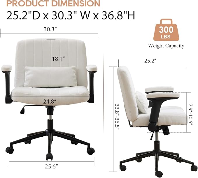 IPKIG Criss Cross Chair with Adjustable Flip-up Arms, Vanity Chair with Wheels, Comfy Desk Chair with Lumbar Pillow Swivel Wide Office Chair for Home Office, Bedroom, Linen, White