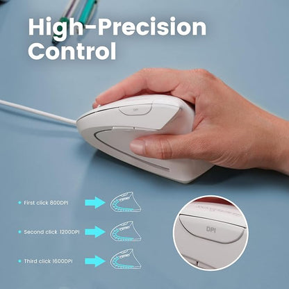 Perixx PERIMICE-513W Wired Ergonomic USB Mouse - 6 Buttons with 1000/1600 DPI - Vertical Right-Handed Design - White (Pack of 2)
