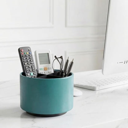 Round Leather Art Supply Organizer,Remote Control Holder,360 Degree Spinning,Multi-Functional Pencil Holder,4 Compartments Desktop Stationary Organizer(1-Sheep Green)