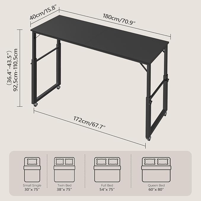 MAHANCRIS Overbed Table with Wheels, Mobile Bed Desk for Queen Size, 36"-43.5" Adjustable Height Rolling Table, Recliner Desk, Mobile Cross Bed for Bedroom, Living Room, Office, Black MTBK18001