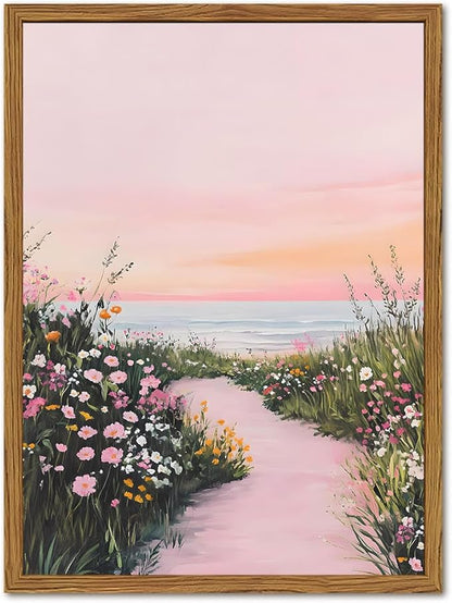 Framed Vintage Landscape Wall Art, Pink Floral Coastal Pictures Wall Decor, Rustic Wildflower Nature Paintings Canvas Prints Home Decor Aesthetic for Living Room Bedroom Bathroom 12x16 inch