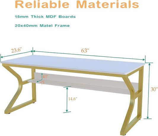 OSCHF Extra Long Desk with Bookshelf - 63" Double Long Writing Table for 2-Person Workstation, Modern Study Work Computer Desk for Home and Office, Gold
