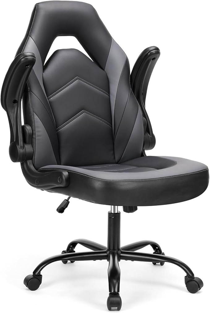 DUMOS Computer Game Desk Chair - Ergonomic PU Leather Lumbar Support, Height Adjustable High Back Video Game with Flip-up Armrest, Rolling Swivel for Adults, Deep Grey