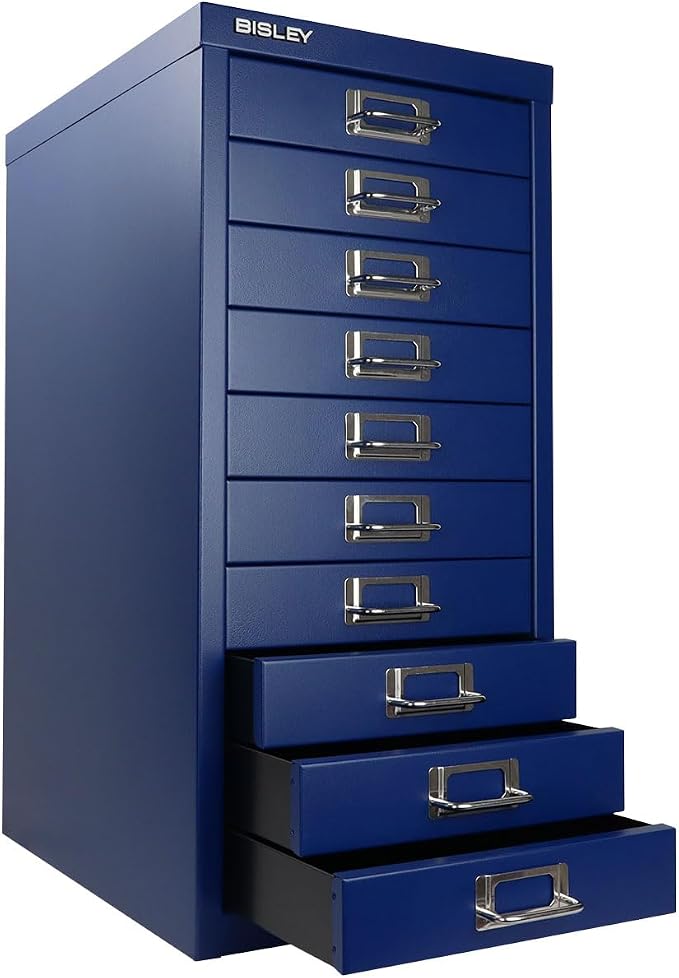 Bisley 10-Drawer Steel MultiDrawer Cabinet - Oxford Blue | Chrome Pull Handles with Label Holders, Powder-Coated Steel, Removable Drawers, Fits Under Most Desks, Labels Included