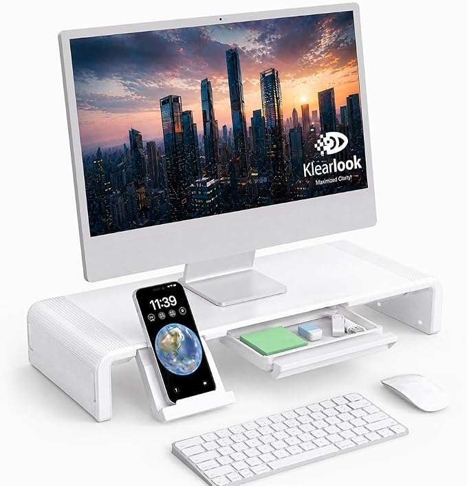 Monitor Stand Riser, Klearlook Foldable, Height Adjustable Computer Stand, Desk Shelf Riser with Storage Drawer &Tablet Phone Stand for Desktop, Laptop (White)
