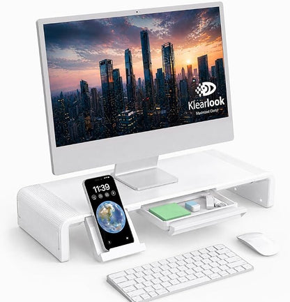 Monitor Stand Riser, Klearlook Foldable, Height Adjustable Computer Stand, Desk Shelf Riser with Storage Drawer &Tablet Phone Stand for Desktop, Laptop (White)