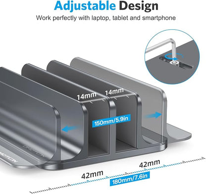 OMOTON Vertical Laptop Stand [Updated Double Version], Desktop Aluminum Mac Book Stand with Adjustable Dock Size, Fits All Mac Book, Surface, Chrome Book and Gaming Laptops (Up to 17.3 inch) (Grey)
