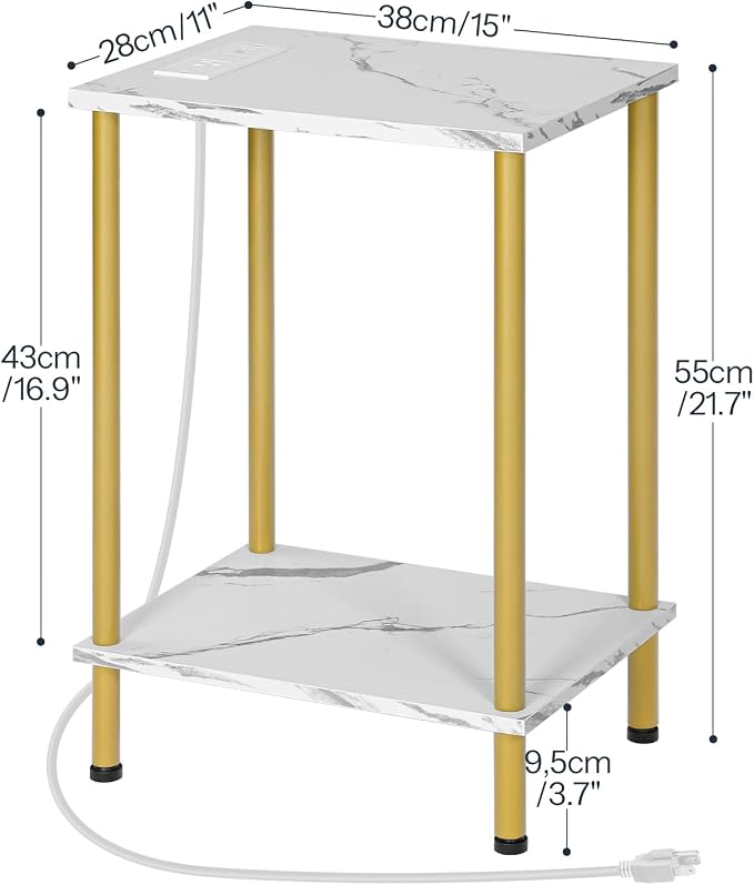 HOOBRO Side Table with Charging Station, End Table with USB Port and Outlet, Nightstand with 2-Layer Storage Shelves for Small Spaces, Living Room, Bedroom, Stable Frame, Gold and Marble DM09UBZ01