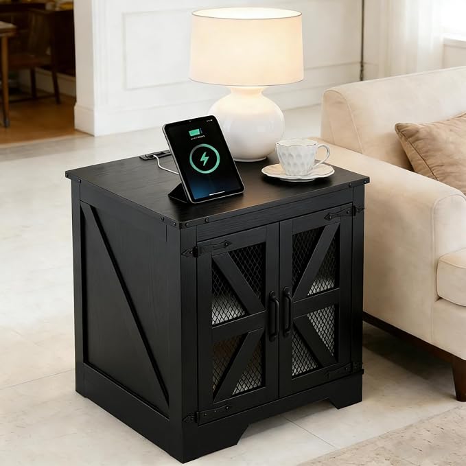 Farmhouse End Table Set with Charging Station, Black Living Room Tables with Hidden Storage, Rustic Wood Furniture for Home and Office