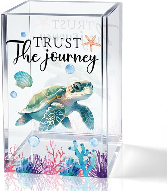 Trust The Journey Acrylic Pencil Holder Cup, Inspirational Gifts for Friends Coworker, Funny Sea Turtle Pen Holder for Women Girls Turtle Lover, Pencil Cup for Desk, Marker Makeup Organizer