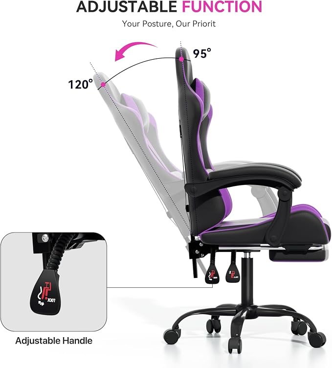 Gaming Chair, Ergonomic Computer Chairs with Arms, Lumbar Support, Footrest, Headrest 360°Swivel Chair, Adjustable Back and Height, Leather PC Chairs for Gaming, Study, Office, Black/Purple