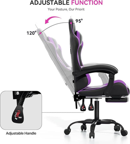 Gaming Chair, Ergonomic Computer Chairs with Arms, Lumbar Support, Footrest, Headrest 360°Swivel Chair, Adjustable Back and Height, Leather PC Chairs for Gaming, Study, Office, Black/Purple