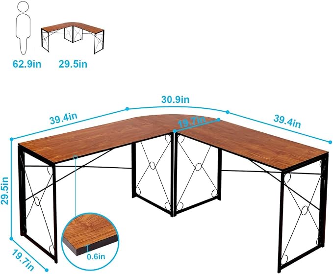 VECELO 59" L Shaped Computer Desk, Corner Computer Desk, Sturdy Home Office Computer Table for Small Space, Writing Desk, Larger Gaming Desk Workstation, Brown