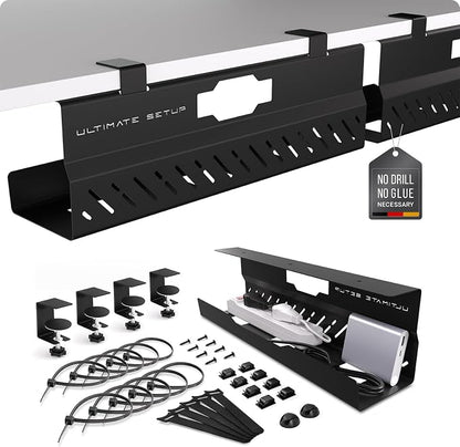 Under Desk Cable Management Tray no Drill – Wire Management - Cord Organizer – Huge Load Capacity – Under Desk Cable Tray no Drill (Black, 2 Pieces Set)
