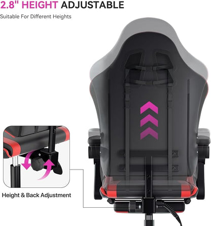 Gaming Chair, Ergonomic Computer Chairs with Arms, Lumbar Support, Footrest, Headrest 360°Swivel Chair, Adjustable Back and Height, Leather PC Chairs for Gaming, Study, Office, Black/Red