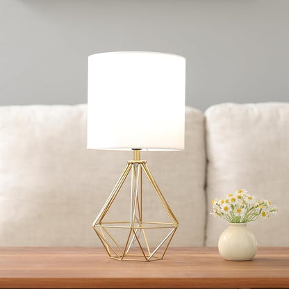Gold Modern Small Table Lamp for Bedroom & Living Room - Geometric Metal Base, White Fabric Shade, Ideal for Bedside & Kids' Desk, Nightstand Lamp