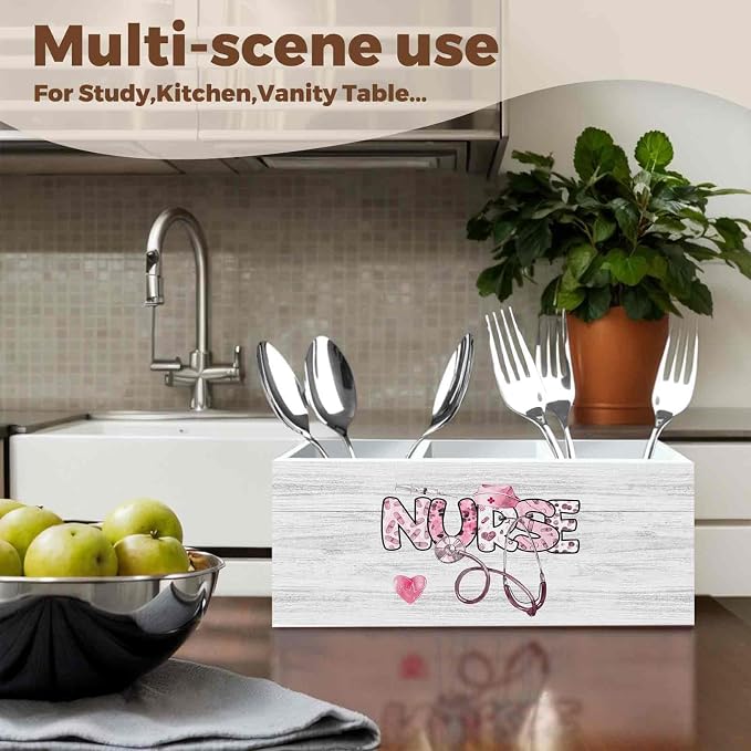 Pink Nurse Office Pencil Pen Holder for Desk Organizer, Nursing Week Gifts, Nurse Appreciation Gifts, Gift for Nurses Female Women Wooden Box Decorations for Office Desk Tabletop Decor