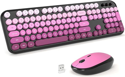 Wireless Keyboard Mouse Combo - Lovely Blackpink-Gradient Rainbow Full-Sized Typewriter Colorful Keyboards, Round Keycap Plug Play Retro Cute Keyboards for Windows, Laptop, PC, Desktop, Computer