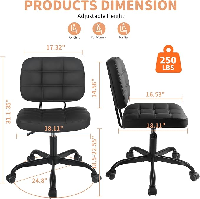 Armless Home Office Desk Chair - Small Swivel Office Desk Chairs with Rolling Wheels - Height Adjustable PU Leather Computer Chair with Comfy Low Back - For Small Space, Bedroom, Home, Vanity - Black