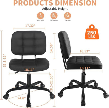 Armless Home Office Desk Chair - Small Swivel Office Desk Chairs with Rolling Wheels - Height Adjustable PU Leather Computer Chair with Comfy Low Back - For Small Space, Bedroom, Home, Vanity - Black