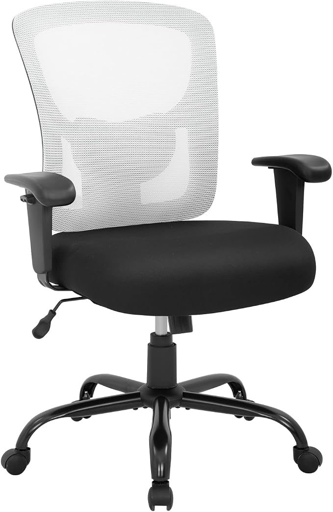 BestOffice Big & Tall Office Chair, 400 lb Capacity Mesh Desk Seating with Lumbar Support, Wide Seat, Adjustable Arms, Rolling Swivel High-Back Ergonomic Executive Task Model for Home Office, White
