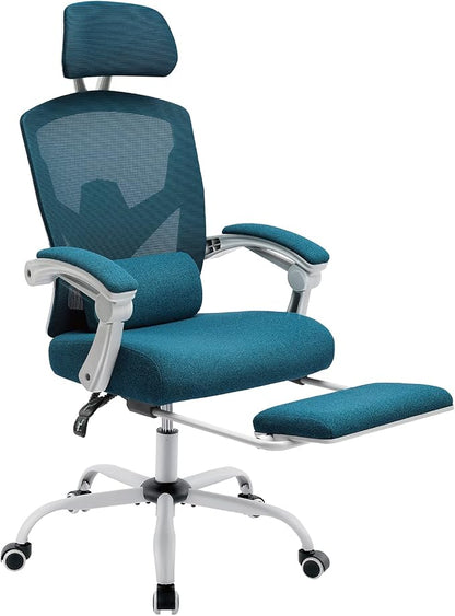 DUMOS Home Office Desk Chair with Footrest, High-Back Mesh Rolling Swivel Reclining Chairs with Wheels, Comfortable Headrest, Lumbar Support, Comfy Arms for Home, Office, Gaming, Student, Elegant Blue