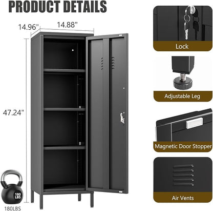 Black Metal Locker Cabinet, 47" H Home Office Storage Lockers, Vertical Steel Storage Cabinet with Locking Door and 3 Adjustable Shelves, Garage Tool File Cabinets for Home Office,Garage,Bathroom