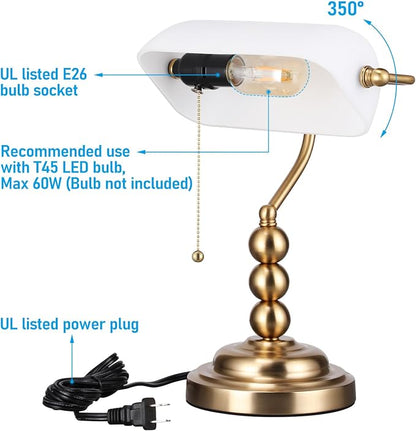TORCHSTAR Ivory White Glass Bankers Desk Lamp with Pull Chain, E26 Base | Retro Weighted Base, Antique Traditional Library Lamp for Office Study Room, Bulbs not Included