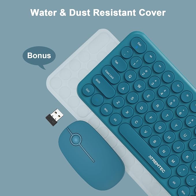 Wireless Keyboard and Mouse Combo,XTREMTEC 2.4GHz Quiet Slim Cute Round Keycap Compact Size Blue Kawaii Cordless Retro Keyboard Mouse Set Home Office Accessories for Mac/Windows (Blue)