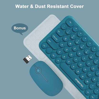 Wireless Keyboard and Mouse Combo,XTREMTEC 2.4GHz Quiet Slim Cute Round Keycap Compact Size Blue Kawaii Cordless Retro Keyboard Mouse Set Home Office Accessories for Mac/Windows (Blue)