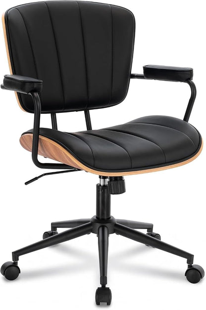 Mid Century Modern Office Chair, Fixed Back Rolling Desk Chair with Armrests and Walnut Back, Adjustable Height for Home Office, Black