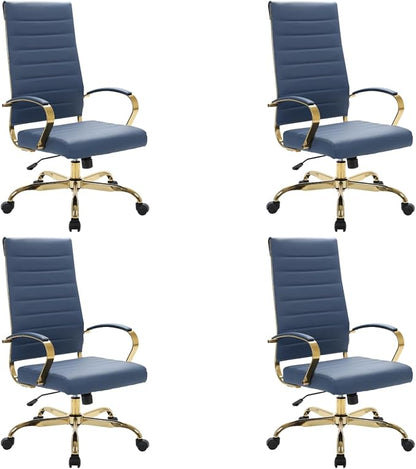 LeisureMod Modern High-Back Leather Office Chair - Swivel & Adjustable Executive Desk Chair with Gold Frame, Ergonomic Design for Home & Office (Navy Blue, Set of 4)