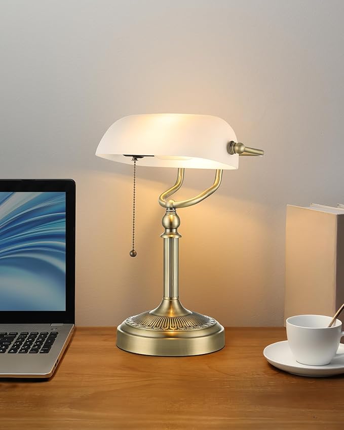 White Matted Glass Bankers Desk Lamp,Plug in | Pull Chain Switch Fixture