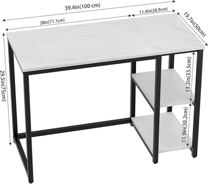 SINPAID Computer Desk 40 inches with 2-Tier Shelves Sturdy Home Office Desks with Large Storage Space Modern Gaming Desk Study Writing Laptop Table, Black Marbling (White Marble, 40 inch)