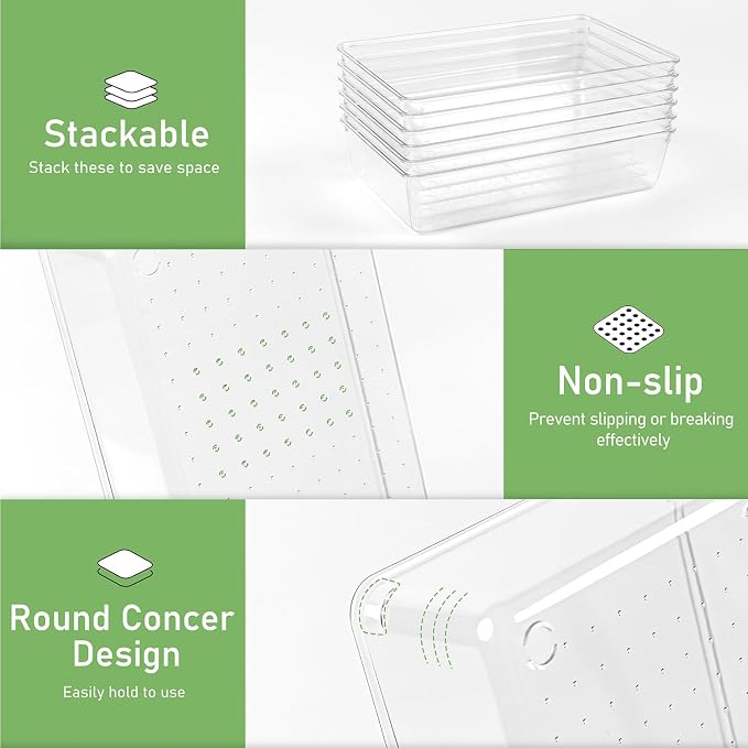 8 PCS Clear Plastic Drawer Organizer Tray, Acrylic Vanity Bathroom Drawer Organizers Trays, Desk Drawer Organizer Bins for Cosmetic, Makeup, Kitchen, Office, Junk Drawer Divider Organization
