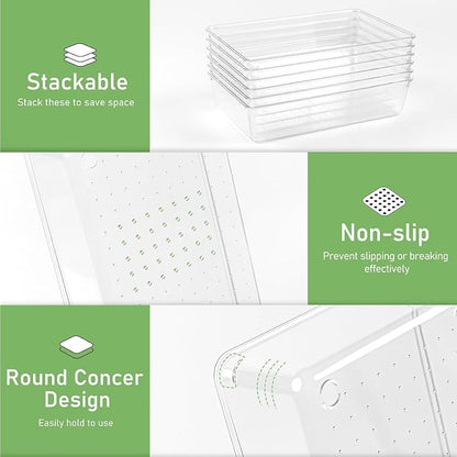 6 Pack Drawer Organizers, Plastic Clear Acrylic Non Slip Non Cracking kitchen drawer organizer Stackable Bathroom Drawer Organizer Trays, Storage Bins for Makeup, Bathroom, Kitchen Office