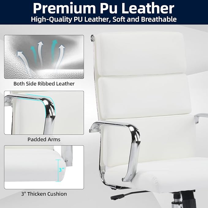 Office Chair, Ergonomic Executive Conference Room Chairs, Ribbed Leather Desk Chair with Lumbar Support, Adjustable Height Mid-Back Swivel Chair with Padded Seat