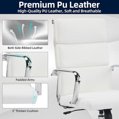 Office Chair, Ergonomic Executive Conference Room Chairs, Ribbed Leather Desk Chair with Lumbar Support, Adjustable Height Mid-Back Swivel Chair with Padded Seat