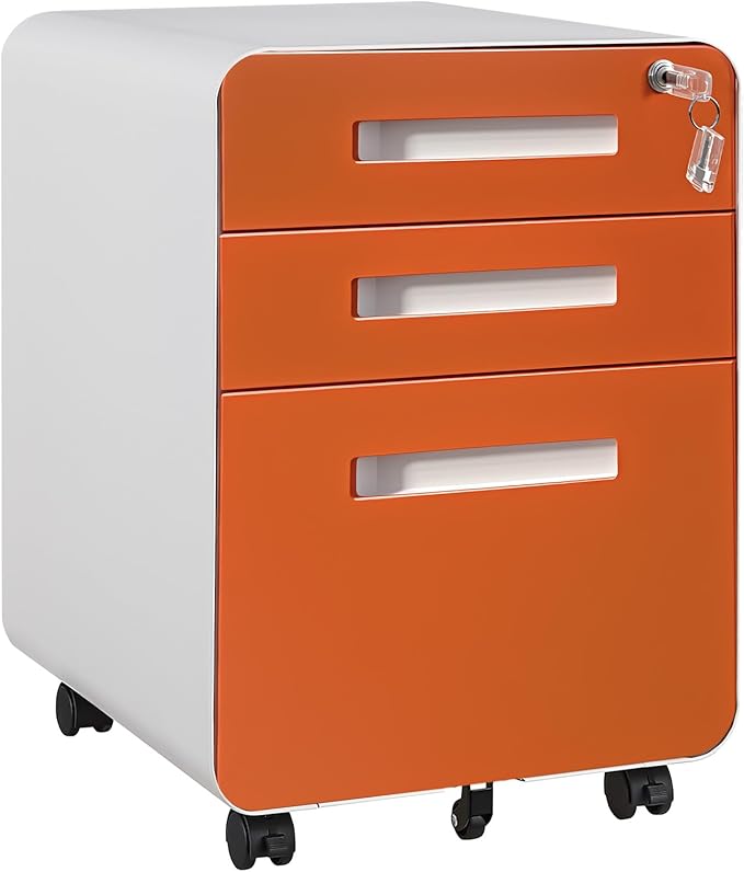 Garvee 3 Drawer File Cabinet with Lock, Under Desk Metal Mobile Filing Cabinet for Home Office, 5 Wheels Anti-Tipping Rolling File Cabinets for A4/Letter/Legal Size, Fully Assembled, Orange