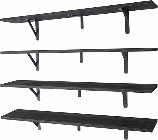 Long Wall Shelf,Large Floating Shelves for Wall,Wood Floating Bookshelves Hanging,Book Storage Display for Living Room Bedroom Office Bathroom Decor,4 Pack,36 Inch,Rustic Black