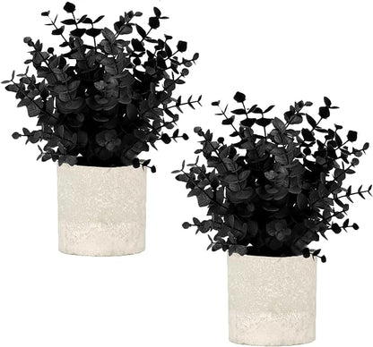Velener 2 PCS Small Fake Eucalyptus Plant Artificial Potted Plants Indoor for Christmas Decor Indoor Realistic Faux Plant for Office, Bathroom, Living Room, Desk, Shelf, Home Decor (Black)