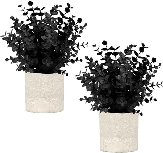 Velener 2 PCS Small Fake Eucalyptus Plant Artificial Potted Plants Indoor for Christmas Decor Indoor Realistic Faux Plant for Office, Bathroom, Living Room, Desk, Shelf, Home Decor (Black)