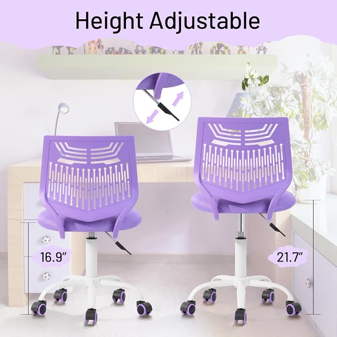 FurnitureR Study Desk Chair Armless, Small Home Office Study Task Chair Adjustable Swivel Low Back with Rolling Wheels for Kids Children Teens Women, Orchid Purple