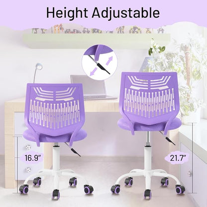 FurnitureR Study Desk Chair Armless, Small Home Office Study Task Chair Adjustable Swivel Low Back with Rolling Wheels for Kids Children Teens Women, Orchid Purple