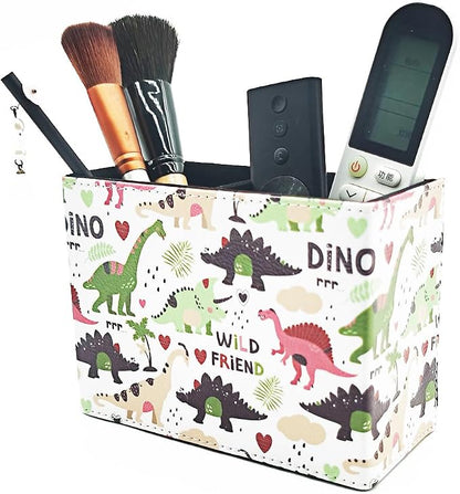 Pen Holder, Rectangle Vintage Pencil Holder with 2 Compartments, PU Leather Art Remote Control Holder Organizer Storage for Desk Accessory (Dinosaur)