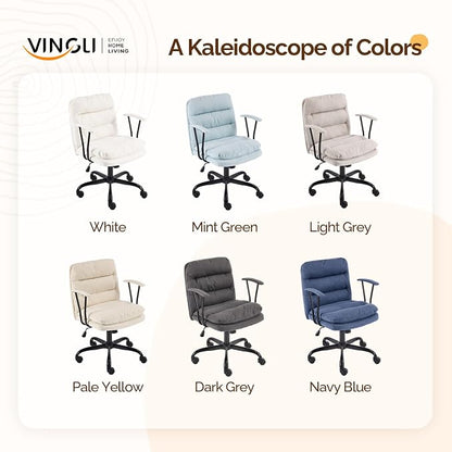 VINGLI Padded White Desk Chair with/No Wheels,Dual-Base,Removable Armrests,Adjustable Comfy Rolling Swivel Computer Task Nail Tech Chair for Home Office,Sewing,Makeup Vanity,Teen,Linen Fabric