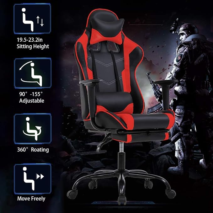 BestOffice | Ergonomic Gaming Chair | Red | Reclining Computer Chair with Lumbar Support, Headrest Pillow, Adjustable Footrests | 360 Swivel with Heavy Duty Wheels | for Home & Office