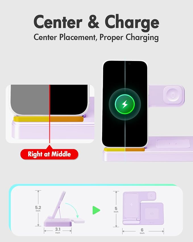 Wireless Charger Stand Charging Station: 3 in 1 Charger Multiple Devices for Apple iPhone 17 16e 16 15 14 Pro Max 13 12 11 for Watch 11 10 9 8 7 6 5 4 3 2 SE and Ultra & Airpods Series, Light Violet