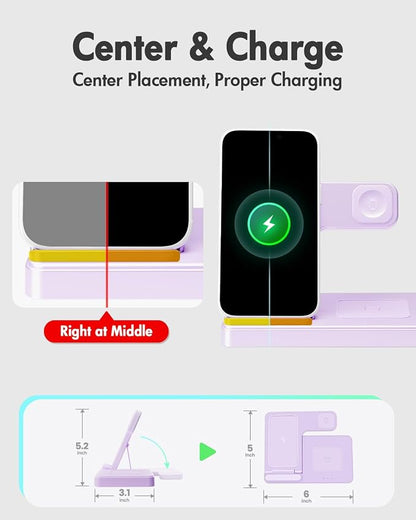 Wireless Charger Stand Charging Station: 3 in 1 Charger Multiple Devices for Apple iPhone 17 16e 16 15 14 Pro Max 13 12 11 for Watch 11 10 9 8 7 6 5 4 3 2 SE and Ultra & Airpods Series, Light Violet